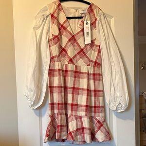 Tanya Taylor Red and White Plaid Long Sleeve Dress